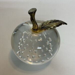 VTG New York Controlled Bubble Glass Apple Paperweight with Brass Stem & Leaf 3"